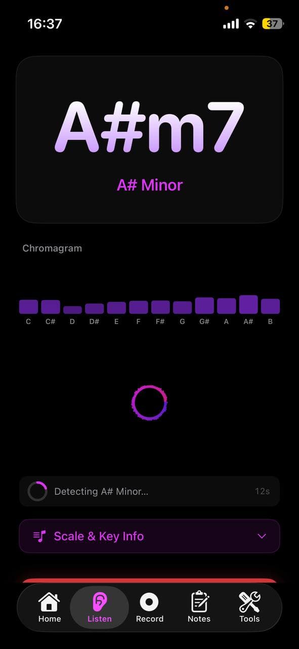 Listen Mode in Larka iOS app showing the live-detected A#m7 chord with a chromagram of pitch energy below