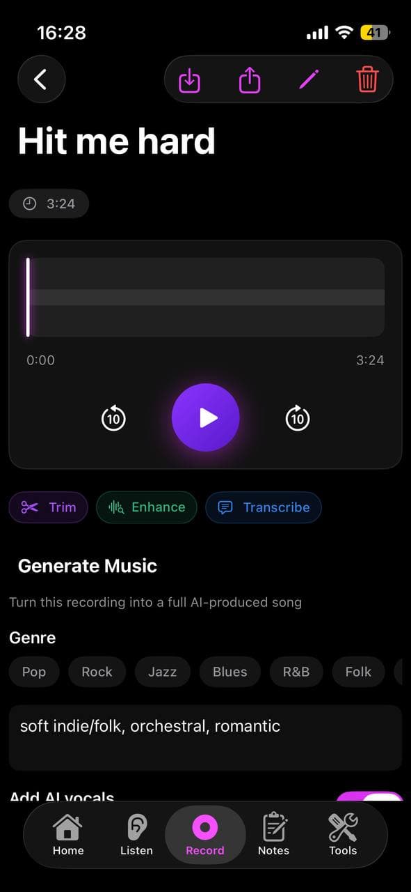 Cover a Song screen in Larka iOS app showing options to upload audio or pick a saved recording