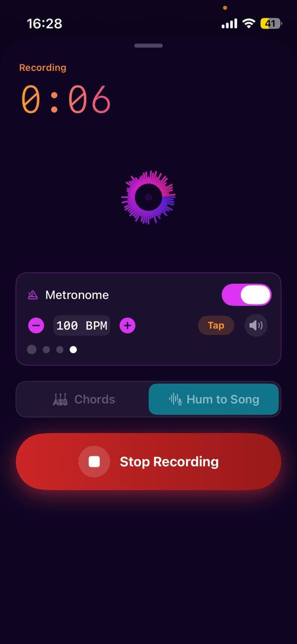 Recording screen in Larka iOS app with Hum to Song mode active, showing a 0:06 timer, animated waveform, metronome at 100 BPM, and a Stop Recording button