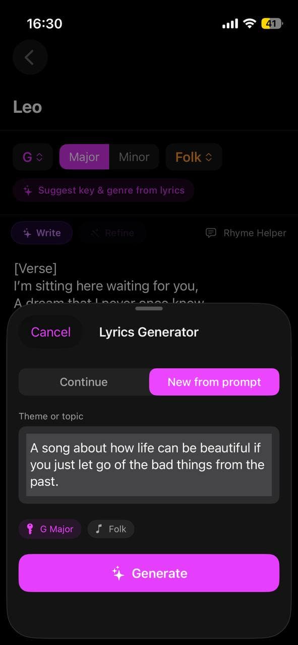 Lyrics generator screen in Larka iOS app showing AI-written lyrics