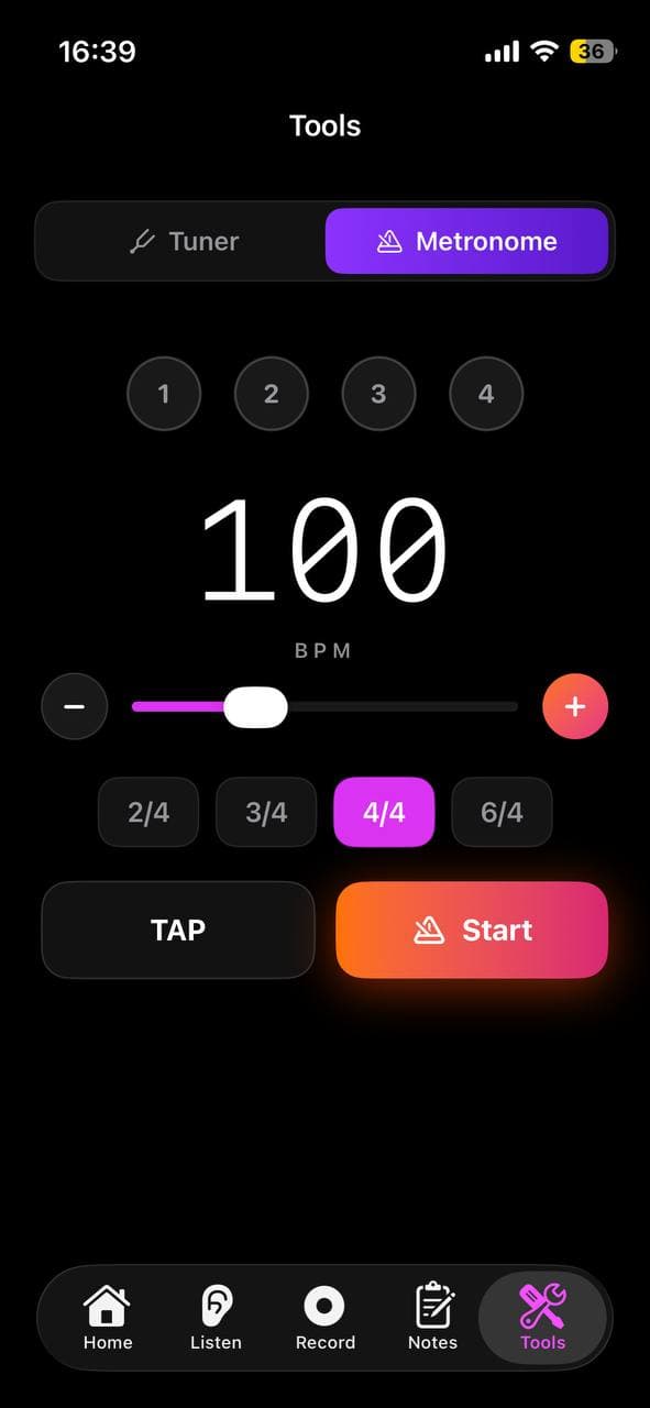 Larka metronome screen with tempo and beat indicator