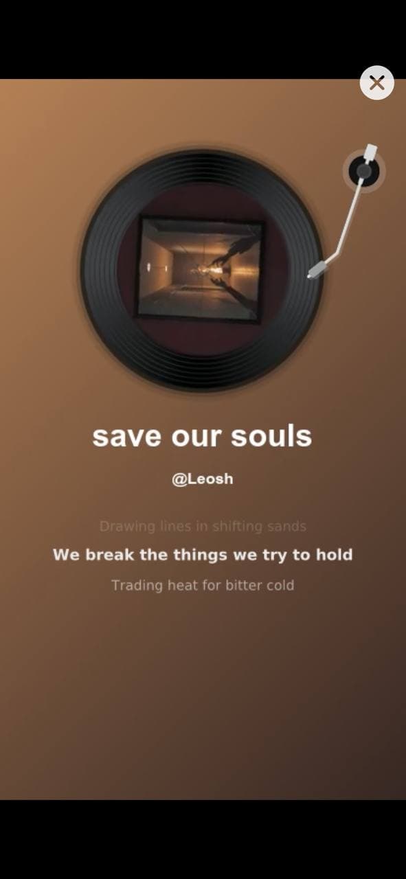 AI-generated music video playing in Larka, showing a vinyl-record visualizer with synchronized lyrics fading in line by line