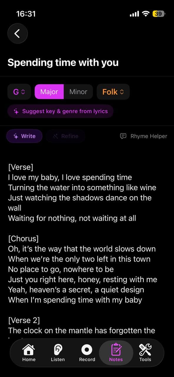 Songwriter Notes screen in Larka iOS app showing a list of saved notes with lyrics