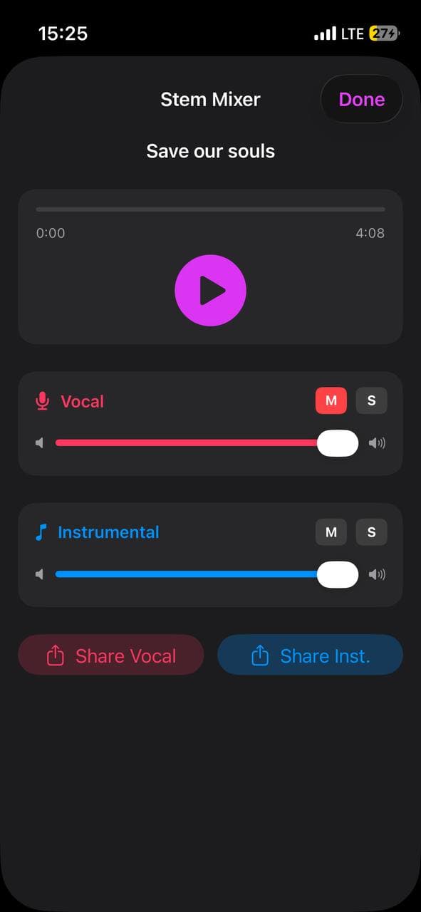 Stem Mixer screen in Larka iOS app showing Vocal and Instrumental channels with volume sliders and mute/solo buttons