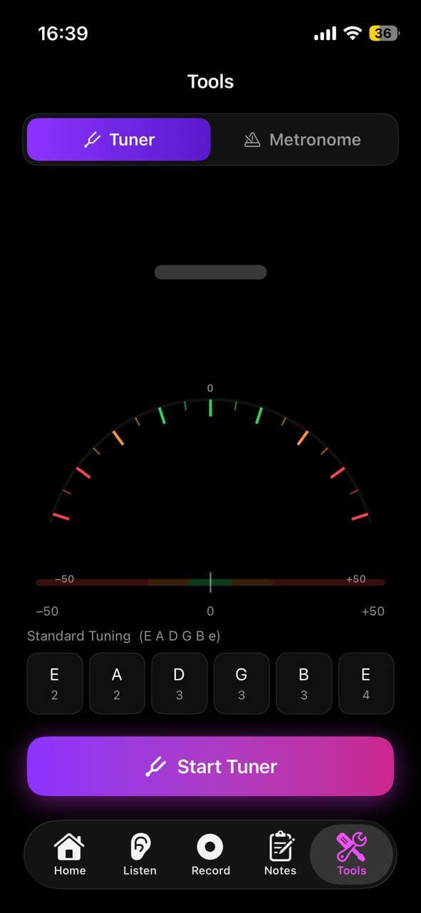 Tuner screen showing pitch indicator and current note