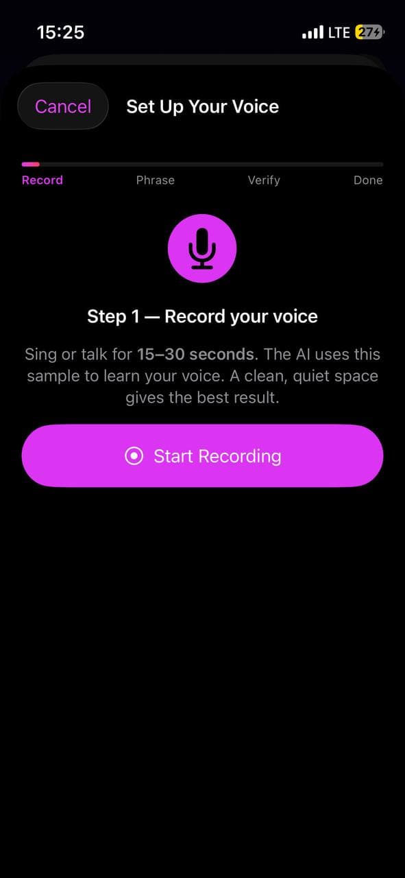 Set Up Your Voice screen in Larka iOS app showing Step 1 with the microphone icon and Start Recording button