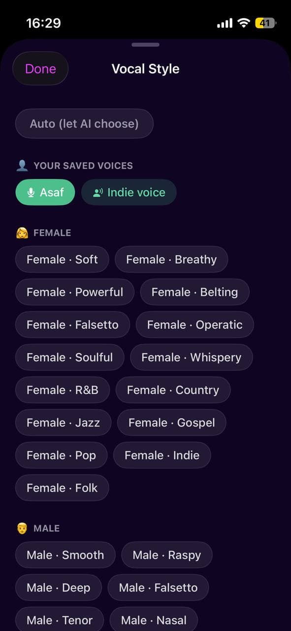 Voice Personas screen in Larka iOS app showing a list of saved AI voices